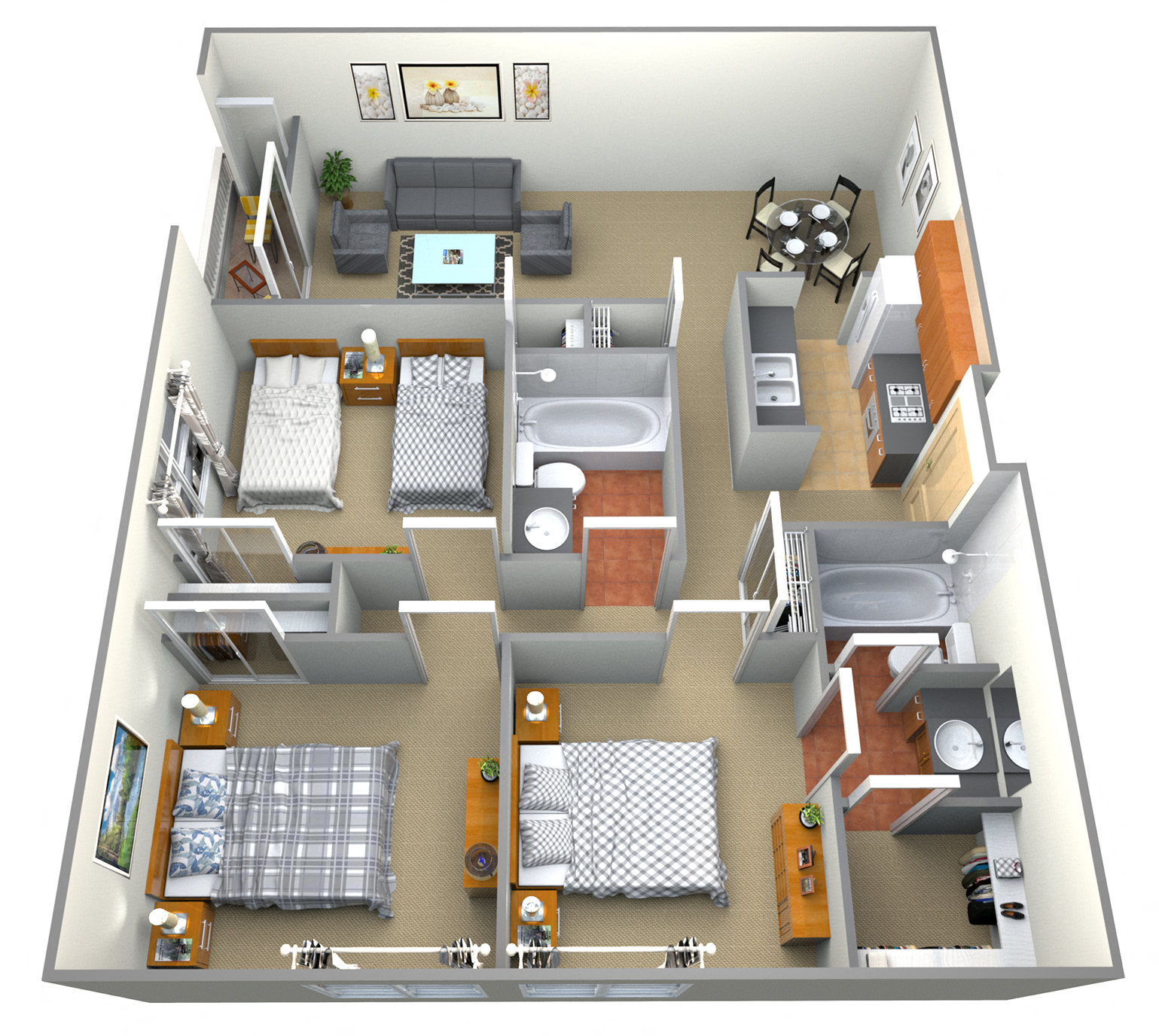 Floor plan for 3 beds, 2 baths, 1250 sqft